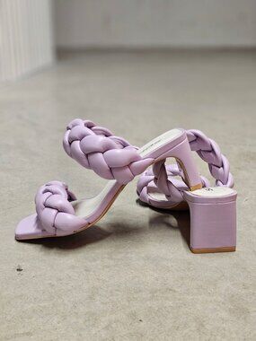 Braided Strap Lilac Block Heel Sandals For Women Square Toe Design With Faux Lea